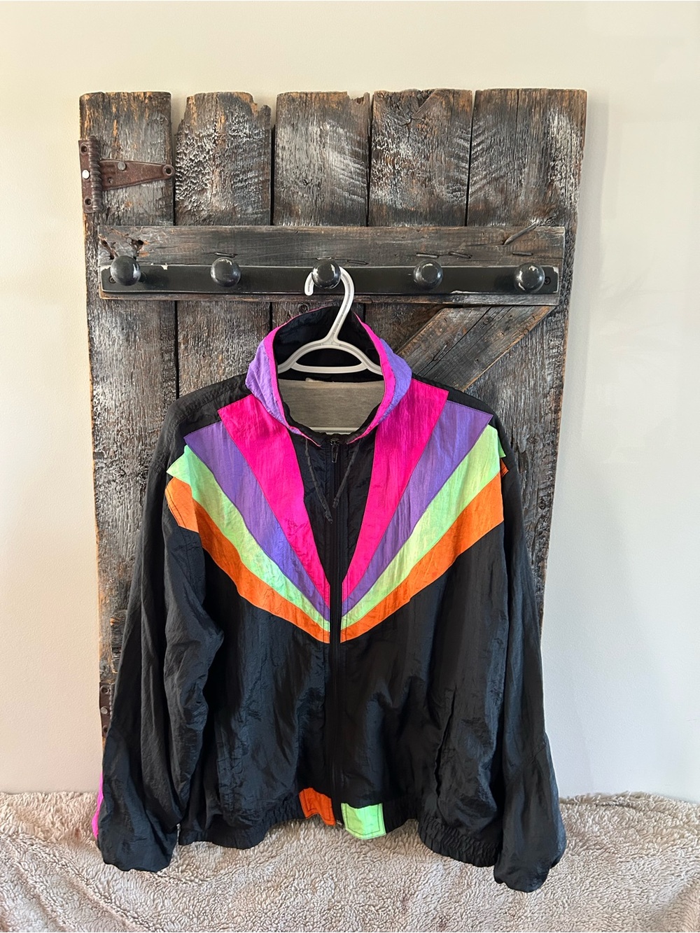 Vintage Black Windbreaker with Neon Colorblock Chevron